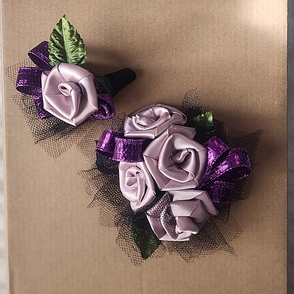 Corsage and Boutonniere Dusty Rose, purple and black
